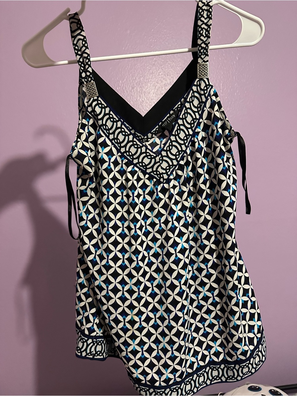 White House Black Market Black, White & Blue Geometric V-Neck Tank